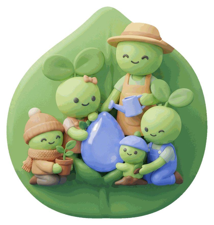 Illustration of a family of little plant mascots watering a plant together, on a green leaf.