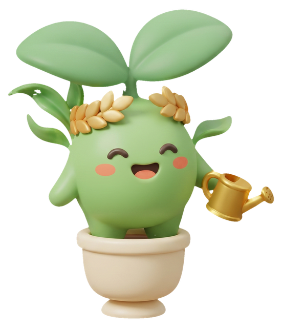 Famileaf mascot wearing a golden laurel wreath and holding a small golden watering can, a nod to the Premium plan.