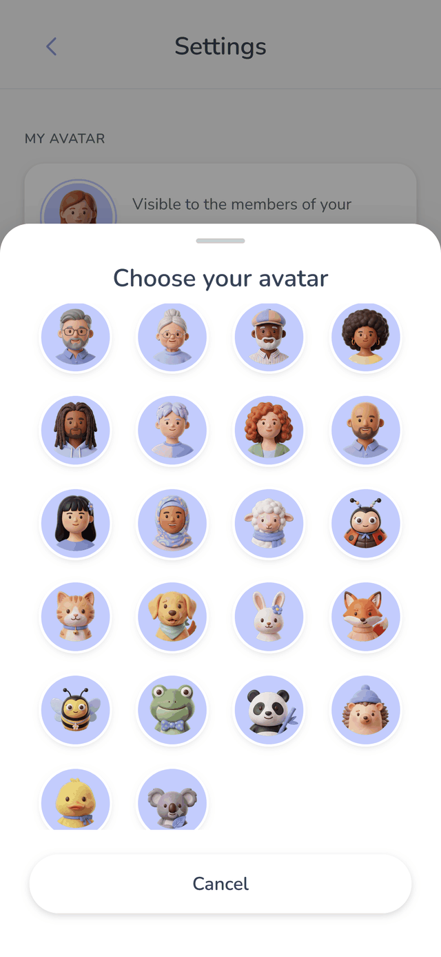 Famileaf screenshot: an avatar selection screen offers several little plant mascots.