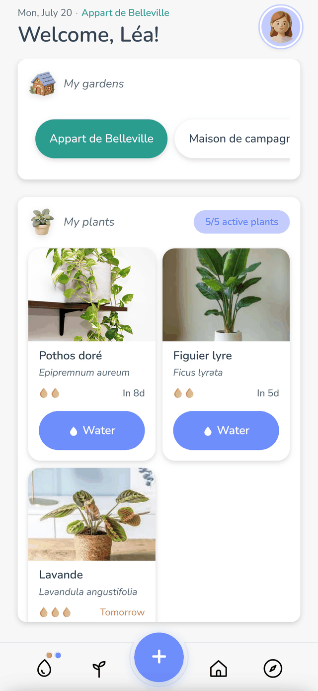 Famileaf screenshot: the home screen shows the household's list of plants, with a Water button on every card.