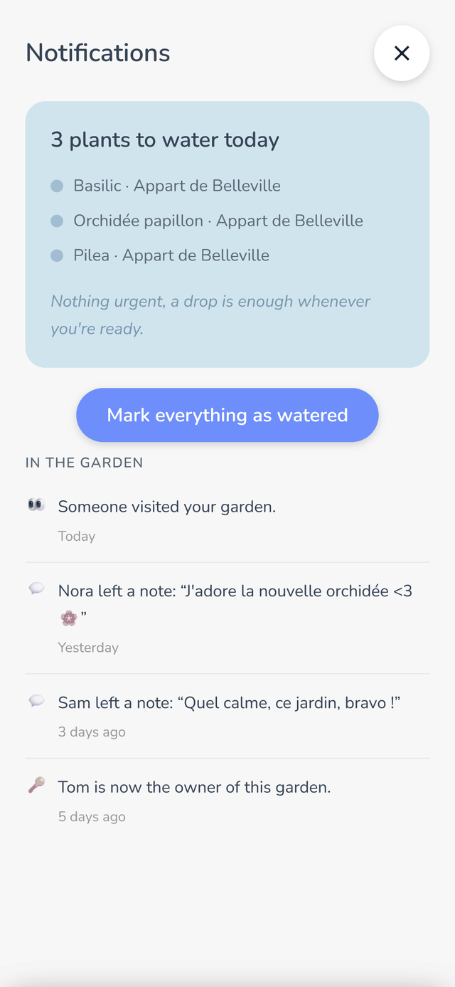 Famileaf screenshot: a notification sums up the plants to water today, with a kind message.