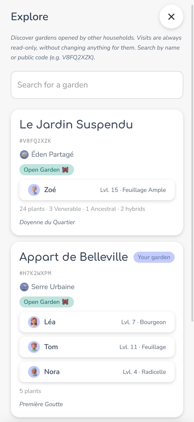 Famileaf screenshot: an explore screen presents other households' gardens, read-only.