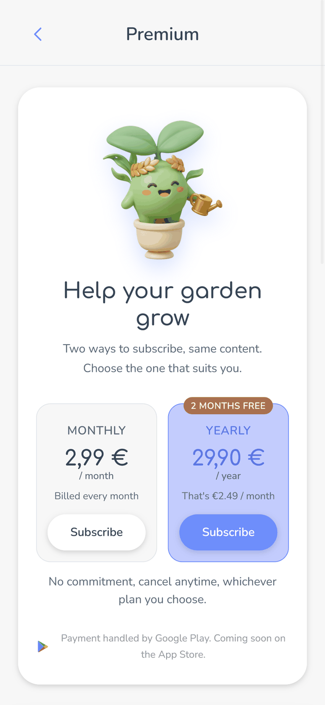 Famileaf screenshot: a screen presents the Premium plan, with a clear price and a cancel button.